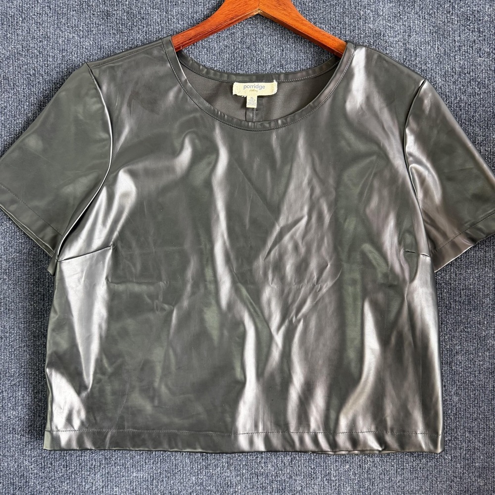 Porridge Shirt Womens XL Silver Faux Leather Short Sleeve Crop Metallic Top